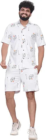Mens Rayon Co-Ord Set Regular Fit Night Dress (DT-MS-6099&SH-171_OffWhite_L)
